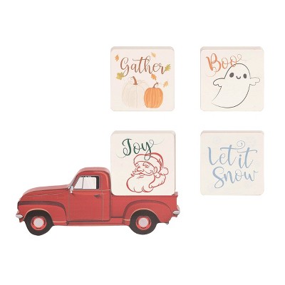Transpac MDF Truck with Interchangeable Blocks Set of 3 Freestanding Tabletop Christmas Signs Multicolored Indoor Decor