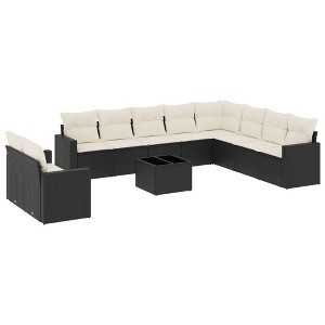 vidaXL 11 Piece Patio Sofa Set with Cushions Black Poly Rattan - Black and Cream With Table - 1 of 4