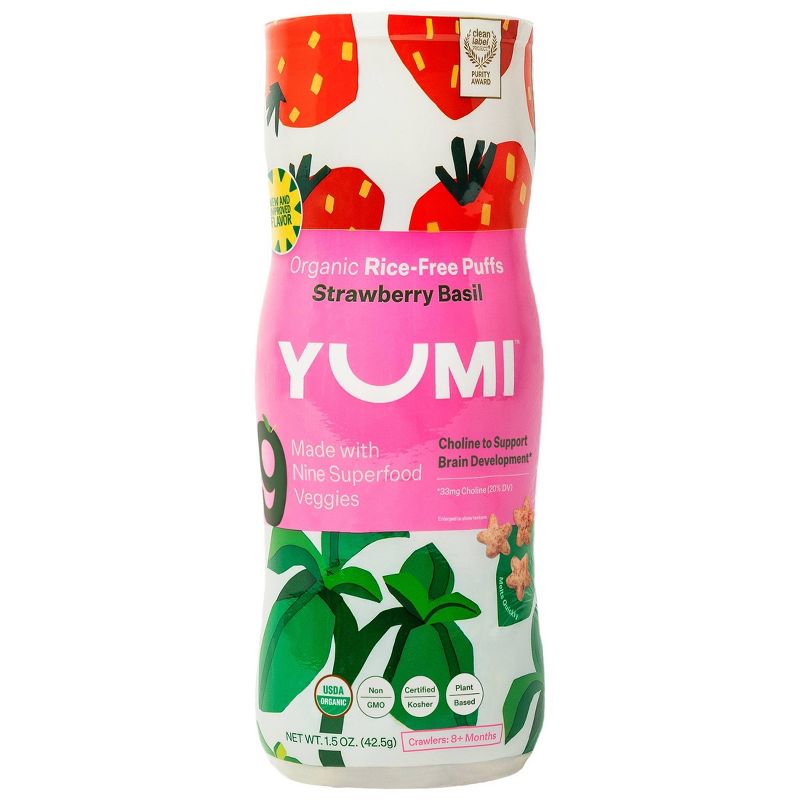 YUMI Organic Strawberry and Basil Baby Snack Puffs - 1.5oz, 1 of 5