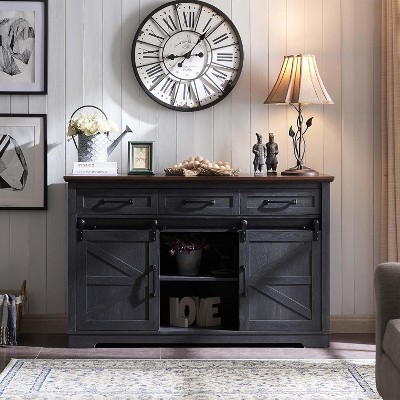 Farmhouse 53" Buffet Cabinet,w/3 Drawer&Adjustable Shelves Rustic Storage Cabinets Coffee Bar for Hallway,and Living Room,Dark Gray