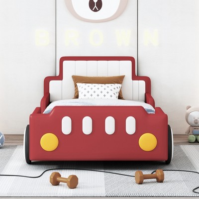 Vynxaria Twin Size Race Car-Shaped Platform Bed with Wheels - Fun & Functional Design