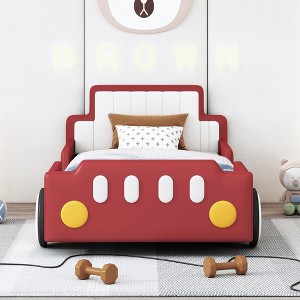 Vynxaria Twin Size Race Car-Shaped Platform Bed with Wheels - Fun & Functional Design - 1 of 4