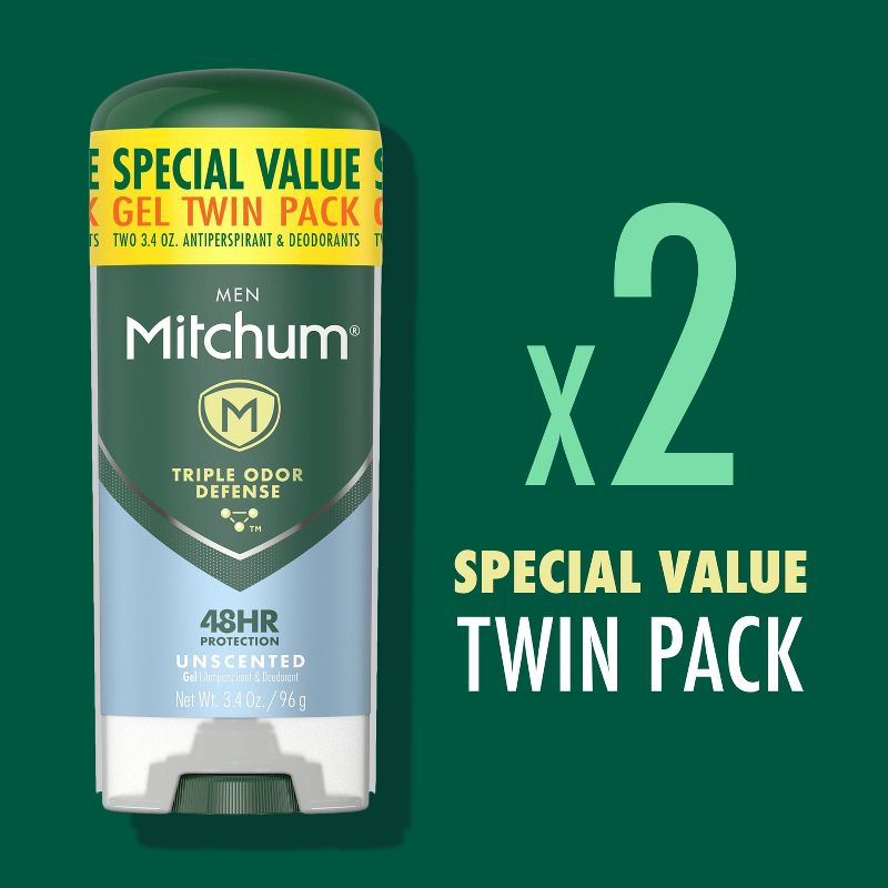 Mitchum Men&#39;s Antiperspirant &#38; Deodorant Triple Odor Defense Gel Stick, 48 Hr Protection, Unscented - Unscented - 3.4oz/2pk, 5 of 12