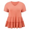 Women's Plus Size Textured Tiered Pleated V Neck Short Sleeve Casual Summer Peplum Babydoll Blouses - GRACE & GRANDEUR - 4 of 4