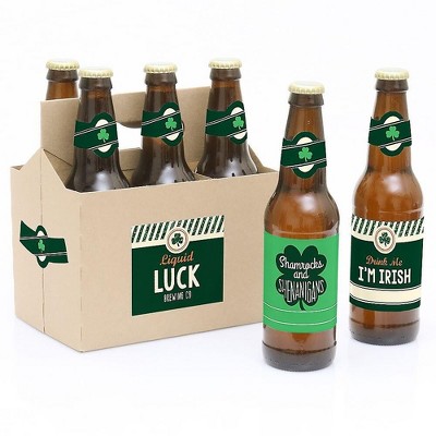 Big Dot of Happiness St. Patrick's Day - Saint Paddy's Day Decorations for Women and Men - 6 Beer Bottle Label Stickers and 1 Carrier