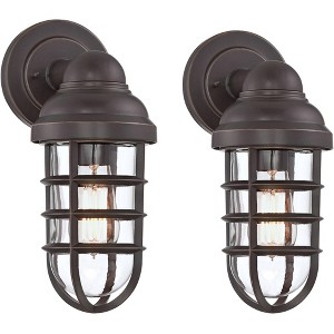 John Timberland Marlowe Industrial Outdoor Wall Light Fixtures Set of 2 Bronze Metal Cage 13 1/4" Clear Glass for Post Exterior Barn Deck House Porch - 1 of 4