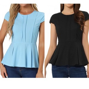 INSPIRE CHIC Women's Elegant Round Neck Cap Sleeve Solid Color Peplum Blouses 2 Packs - 1 of 4