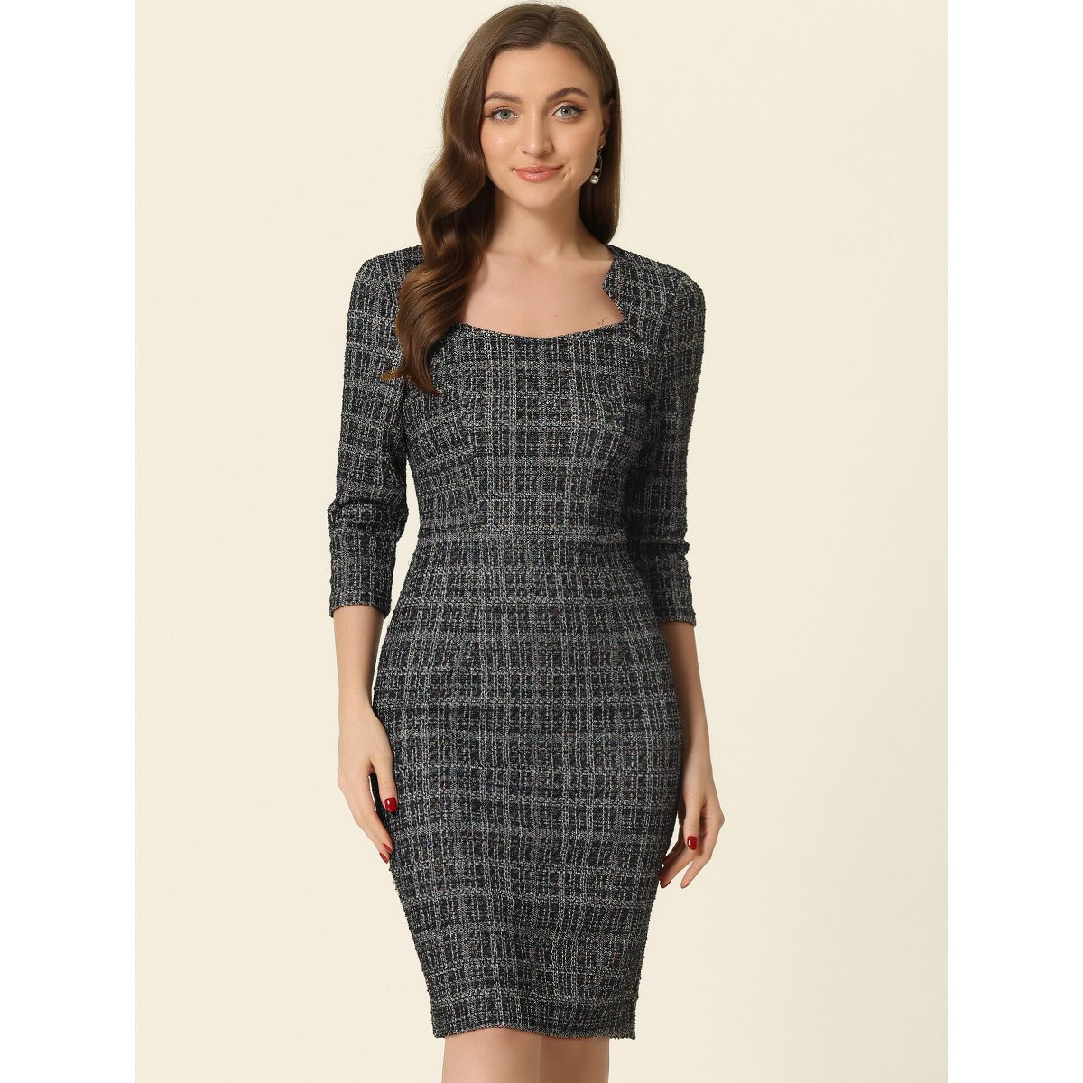 Женские платья INSPIRE CHIC Women's Elegant Work 3/4 Sleeve Plaid Tweed Bodycon Dresses Small Black — фото 2