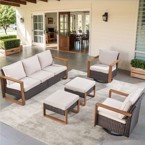 Buenhomino 5Pieces Patio Furniture Set, Outdoor Wicker Sofa Couch with Metal Armrest, Swivel Rocking Chairs, Ottomans - 1 of 4