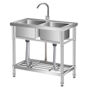 Utility Sink, Stainless Steel Commercial Double Bowl - Freestanding with Hot/Cold Water Pipe, Workbench, Undershelf for Restaurant, Garage - 1 of 4