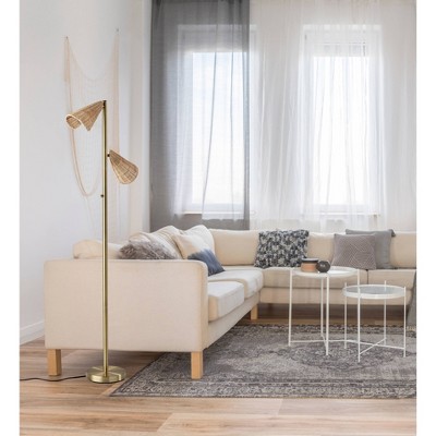 Antique Brass and Natural Rattan Adjustable Dual-Light Floor Lamp