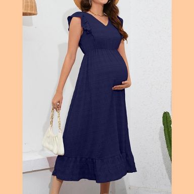 Womens Maternity Dress Cap Sleeve V Neck Ruffle Summer Casual Baby Shower  Maxi Dresses Navy Blue 2XL : Target