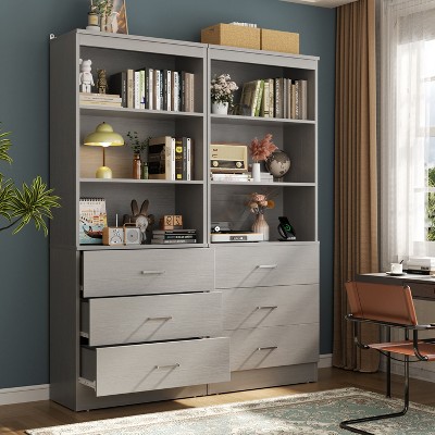 Aheaplus 71'' Tall Storage Bookcase, Bookshelf with 3-Tier Open Shelves and 3 Drawers, Wood Storage Cabinet