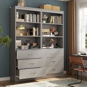 Aheaplus 71'' Tall Storage Bookcase, Bookshelf with 3-Tier Open Shelves and 3 Drawers, Wood Storage Cabinet - 1 of 4