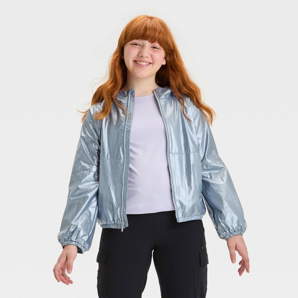 Girls' Solid Shine Windbreaker Jacket - All In Motion™ Black XS: Lightweight, Water-Resistant, Ripstop Fabric