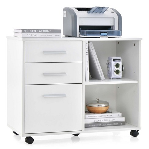 Costway 3-Drawer Wood File Cabinet Mobile Lateral Printer Stand with Open  Storage Shelves