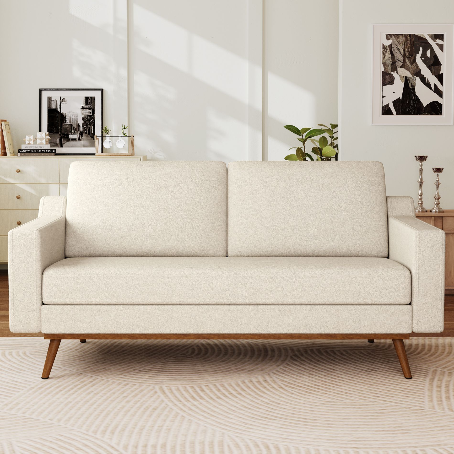 Dyonery 65.4" loveseat Sofa Beige Terry Cloth Uphosltery Couch Comfy Love Seat Couches with Spring Cushion Solid Wood