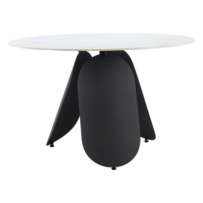 HomeRoots 48" White and Black Faux Marble and Steel Pedestal Base Round Top Dining Table