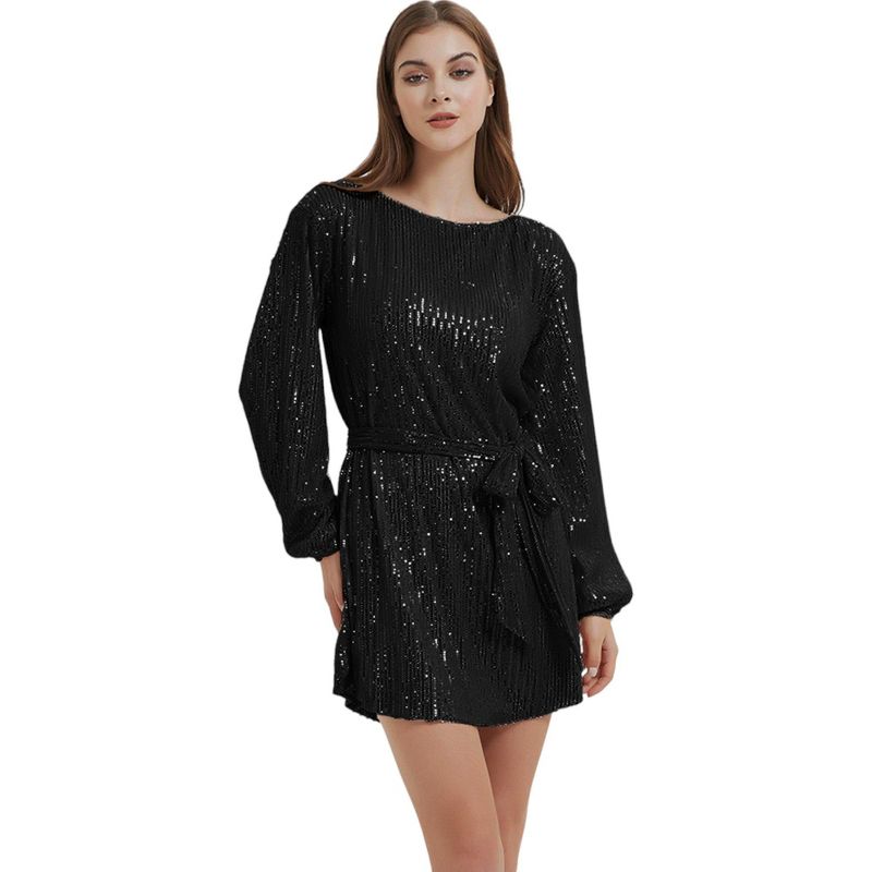 Anna-Kaci Women's Sparkly Sequins Long Bishop Sleeve Crew Neck Tunic Belted Dress, 1 of 5