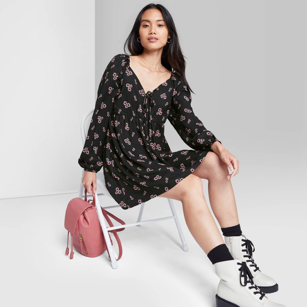 Size S, Women's Long Sleeve Tie-Front Muse Dress - Wild Fable Black Floral 