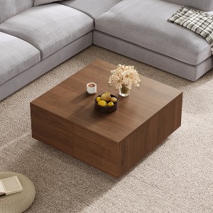 Lyngins 33.25" Square Coffee Table with 4 Drawers, Classic Wood Grain Finish Center Table, Sturdy Wood Construction, Versatile Living Room Table - 1 of 4