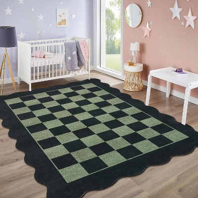 Washable Kitchen Rug, Non-Slip Low Pile Scalloped Checkerboard Farmhouse Entryway Mat, Soft Neutral Area Rug