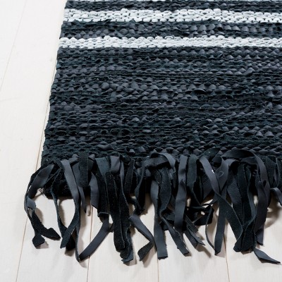 Handmade Black and Ivory Cowhide Leather Striped Area Rug, 5' x 8'