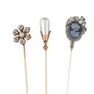 Anna-Kaci Classic Vintage 3Pcs Hat Pin Set with Rhinestone Teardrop and Pearl Accents for Scarves Lapels and Hat Accessories - 3pcs Flower - 1 of 4