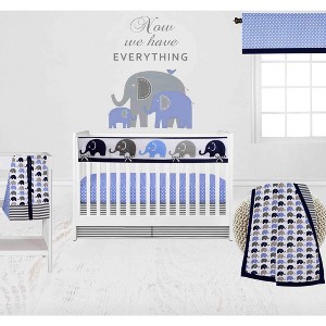 Bacati - Elephants Blue/Navy/Gray 6 pc Crib Bedding Set with Long Rail Guard Cover - 1 of 4