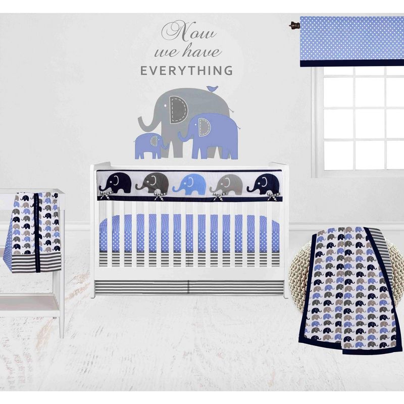 Bacati - Elephants Blue/Navy/Gray 6 pc Crib Bedding Set with Long Rail Guard Cover, 1 of 12
