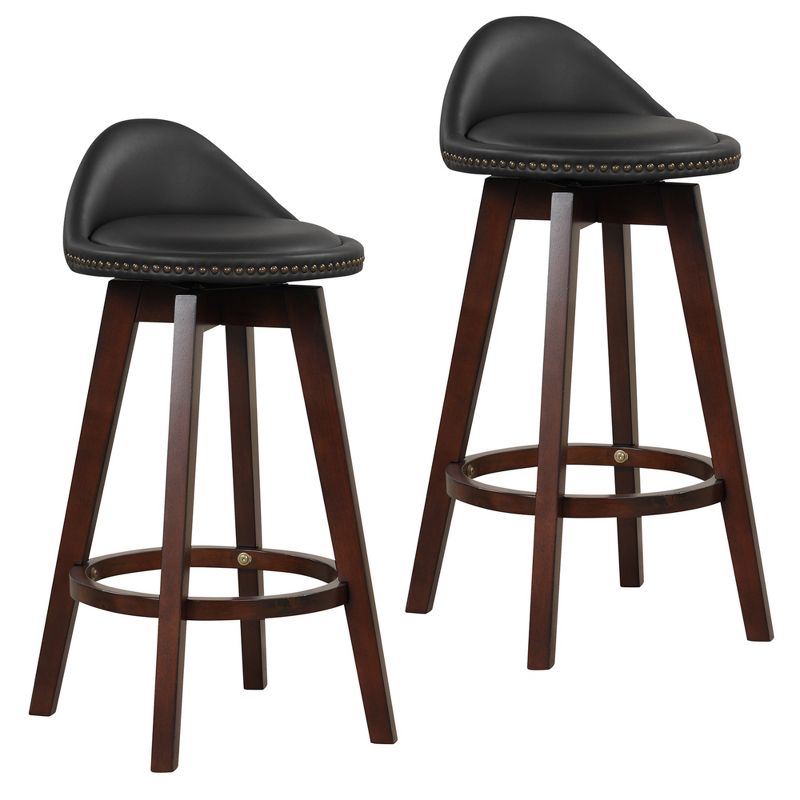Costway Set of 2 Upholstered Swivel Barstools 29'' Wooden Dining Chairs with Low Back Black, 1 of 9