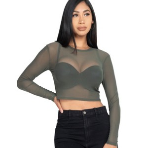 Slickblue Women's Sheer Mesh Long Sleeve Crop Top, Fitted See-Through Layering Shirt, Black/Fuchsia/Olive, Size S-L - 1 of 4
