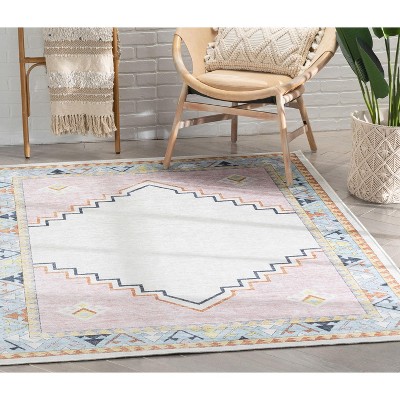 Light Blue and Pink Chenille Kids Rectangular Rug 6' x 9'