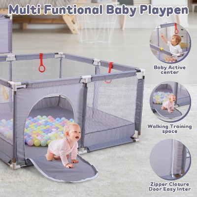 Skirfy 50"x50" Baby Playpen with 30 Ocean Balls, Soft Mesh Baby Fence with Basketball Hoop, Blue Baby Playard