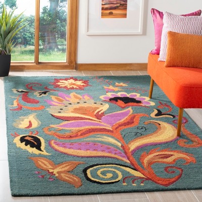 Blossom Blue Hand-Knotted Wool Floral Area Rug, 5' x 8'