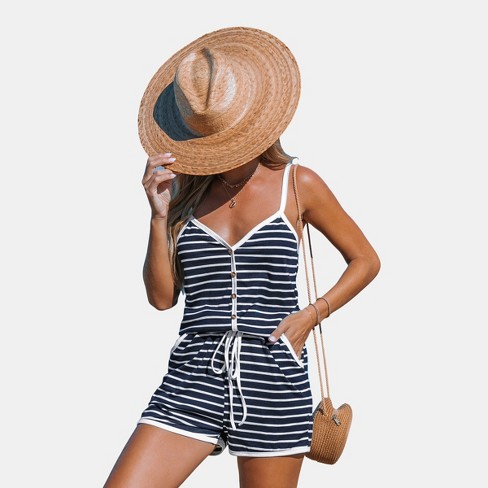 Women's Striped Sweetheart Straight Leg Jersey Romper - Cupshe - image 1 of 4