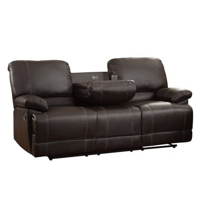 Leather Double Reclining Sofa with Drop Down Cup Holders Brown - Benzara