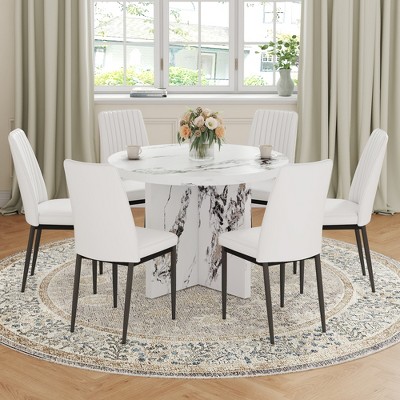 7-Piece Dining Table Set Dining Set with Rectangular Round Faux Marble Dining Table, 6 PU Leather Chairs, White/Black-ModernLuxe
