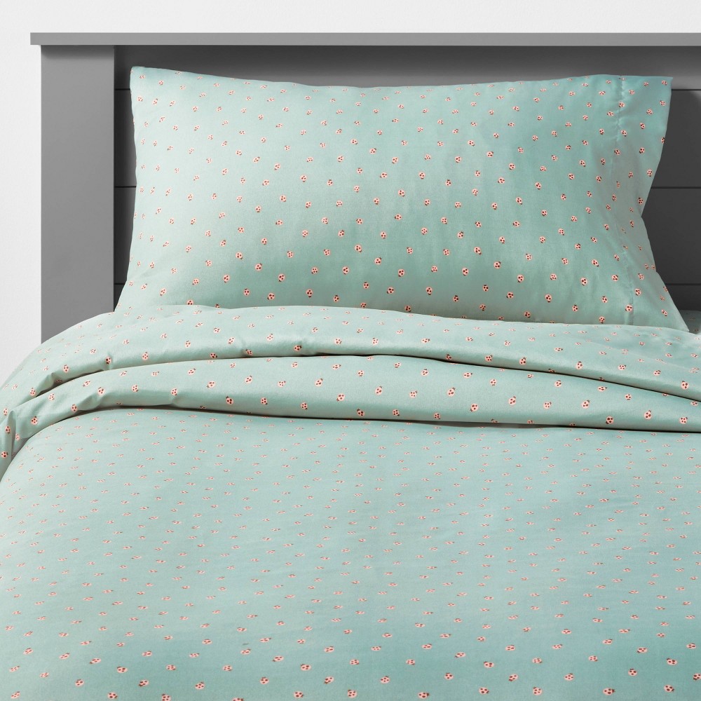 Full Ladybug Microfiber Kids' Sheet Set Mint - Pillowfort™: Animal Print, 4-Piece, OEKO-TEX Certified, Fits 16" Mattress