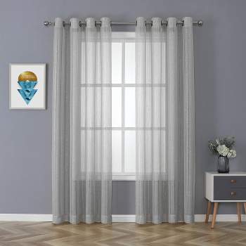 Kate Aurora 2 Piece Metallic Shimmer Chic Striped Flax Styled Sheer Grommet Top Curtains