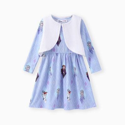 PATPAT Disney Frozen Toddlers Girl 2pcs Elsa And Anna Plush Vest And Naia? Character Print Long-sleeve Dress Set