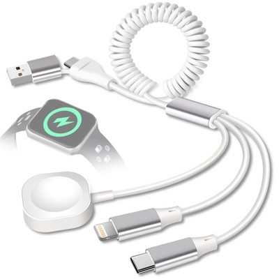BONGEEK Coiled USB/Type-C to iWatch/iPhone Lightning/Type-C Multi Charger Cable, 3-in-2 Retractable Multiple Car Fast Charging Cord