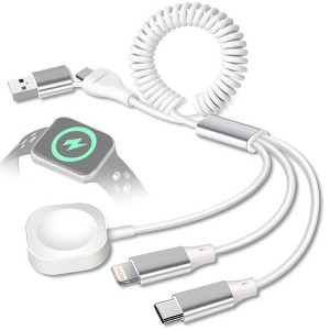 BONGEEK Coiled USB/Type-C to iWatch/iPhone Lightning/Type-C Multi Charger Cable, 3-in-2 Retractable Multiple Car Fast Charging Cord - 1 of 4