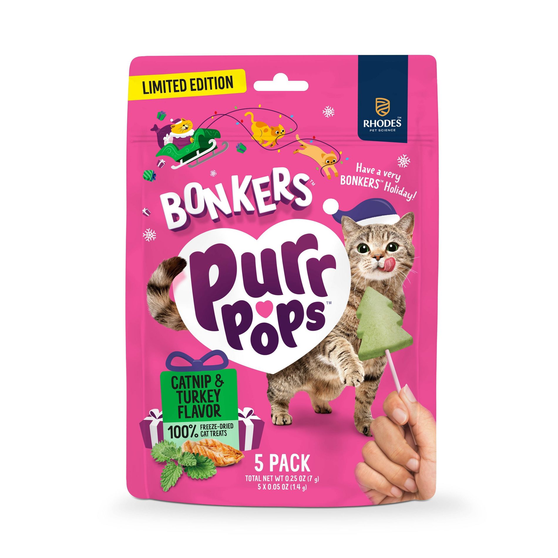 Bonkers Purrpops Holiday Chicken Flavor Freeze-Dried Licks Cat Treats - 5pk