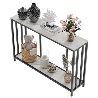 2 Tier Heavy Duty Console Table for Foyer, Black Frame Sofa Accent Table w/ Storage Shelve