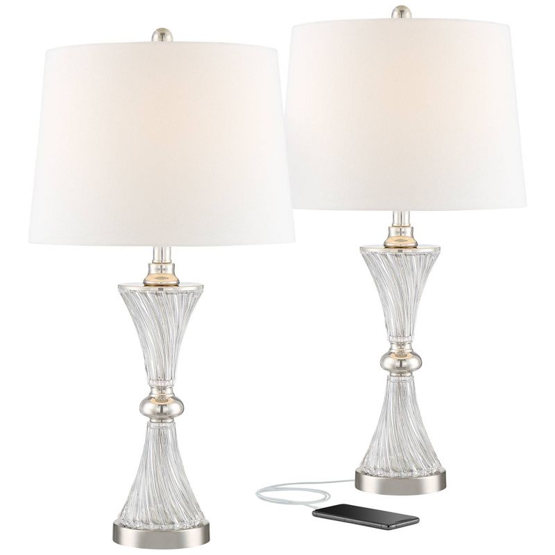 Regency Hill Luca Modern Table Lamps 25 1/2" High Set of 2 Twisted Glass with USB Charging Port White Drum Shade for Bedroom Living Room Office Desk, 1 of 13