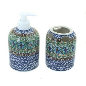 Blue Rose Polish Pottery 573 Ceramika Artystyczna Soap Dispenser & Toothbrush Holder - 1 of 1