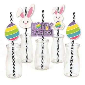 Big Dot of Happiness Hippity Hoppity Paper Straw Decor - Easter Bunny Party Striped Decorative Straws - Set of 24