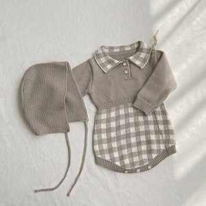 MyKids-Usa Baby Checkerboard Pattern Polo Neck Knit Warm Onesies - 1 of 4