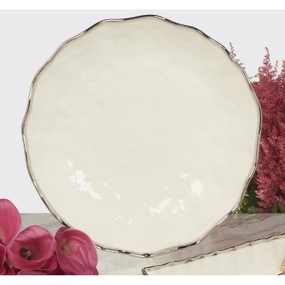 Gray Ceramic Round Serving Bowl with Silver Rim
